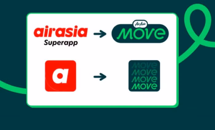 AirAsia Superapp được đổi thành AirAsia Move, biểu tượng chữ "a" màu đỏ cũng được đổi thành "Move" với màu xanh