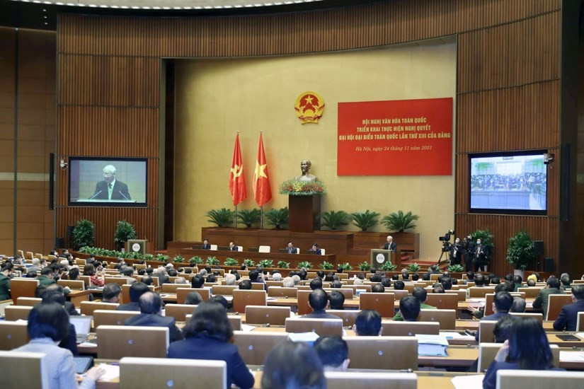 Hội nghị Văn hóa toàn quốc triển khai Nghị quyết Đại hội XIII của Đảng, tổ chức ngày 24-11-2021, đã tạo sức lan tỏa mạnh mẽ, nâng cao nhận thức trong toàn hệ thống chính trị và các tầng lớp nhân dân về vị trí, vai trò của văn hóa. Ảnh: Tuấn Minh hoi-nghi-vh-toan-quoc-1.jpg