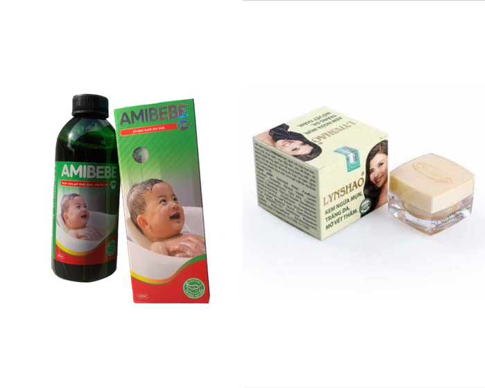 Nước tắm gội trẻ em Amibebe Pro (bên trái) và kem trắng da, ngừa mụn, mờ vết thâm LYNSHAO (bên phải)
