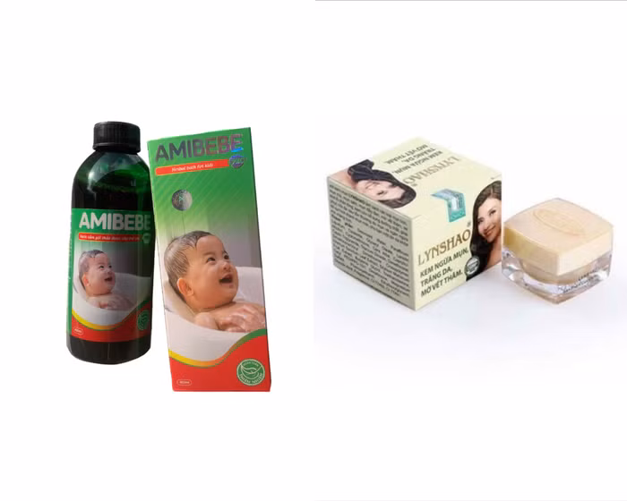 Nước tắm gội trẻ em Amibebe Pro (bên trái) và kem trắng da, ngừa mụn, mờ vết thâm LYNSHAO (bên phải)