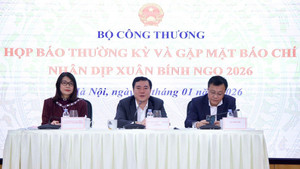 Thứ trưởng Bộ Công Thương Nguyễn Sinh Nhật Tân (giữa) thông tin tại họp báo