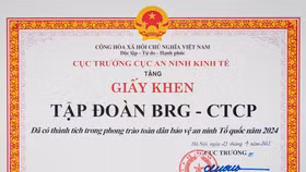 Giấy khen Tập đoàn BRG từ Cục An ninh kinh tế, Bộ Công an