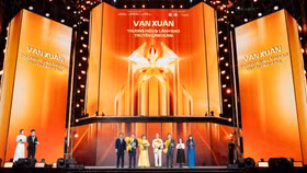 Bà Cao Thị Ngọc Dung (áo dài vàng) nhận bằng khen và cúp vinh danh từ ban tổ chức