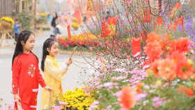 Các em nhỏ thích thú ngắm hoa tại lễ hội Home Hanoi Xuan 2025