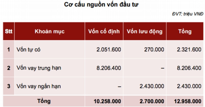 Cơ cấu nguồn vốn đầu tư phân kỳ 1, giai đoạn 1 dự án thép Hoa Sen Cà Ná-Ninh Thuận. Đồ họa Nguyên Thảo.