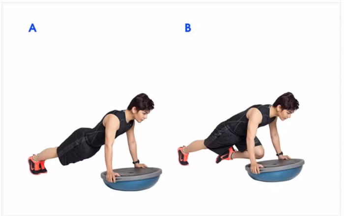 Bài tập HIIT chống đẩy kết hợp co gối trên bóng cao su