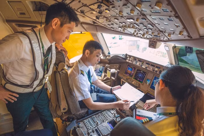 Phi hành đoàn làm công tác chuẩn bị trước khi khởi hành. Ảnh: EVAAirUS.