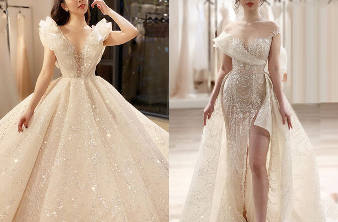 Calla Haute Couture - Những bộ váy cưới xa xỉ trị giá hàng tỷ đồng của NTK Phương Linh ảnh 3 Chiếc váy haute couture 2 trong 1 lấy ý tưởng từ bông calla nở rộ là thiết kế dành riêng cho cô dâu Quản Hà Linh (Hà Nội). Đằng sau thiết kế đẳng cấp này là thông điệp về niềm tin vào tinh yêu thuần khiết của cô dâu và chú rể. Bộ lễ phục được thực hiện trong vòng 6 tháng. Điểm nổi bật của thiết kế là hiệu ứng bắt sáng được phát huy tối đa nhờ chất liệu vải dệt sequin nhập Pháp và 18.000 viên đá Swarovski điểm xuyết trên thân váy.