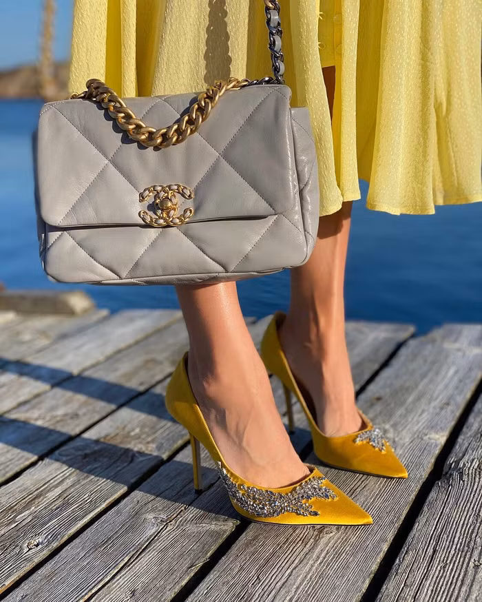 chanel 19 flap bag in grey with Ingrid Wilkinson