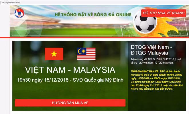Trang bán vé online xem chung kết AFF Cup bị giả mạo