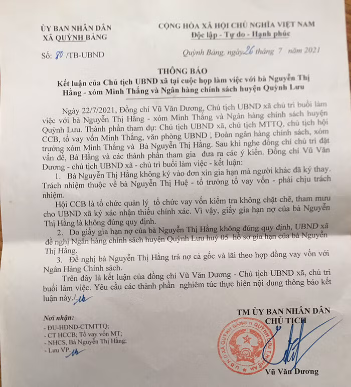 Thông báo của UBND xã Quỳnh Bảng khẳng định bà Nguyễn Thị Hằng không ký vào đơn xin gia hạn mà người khác đã ký thay