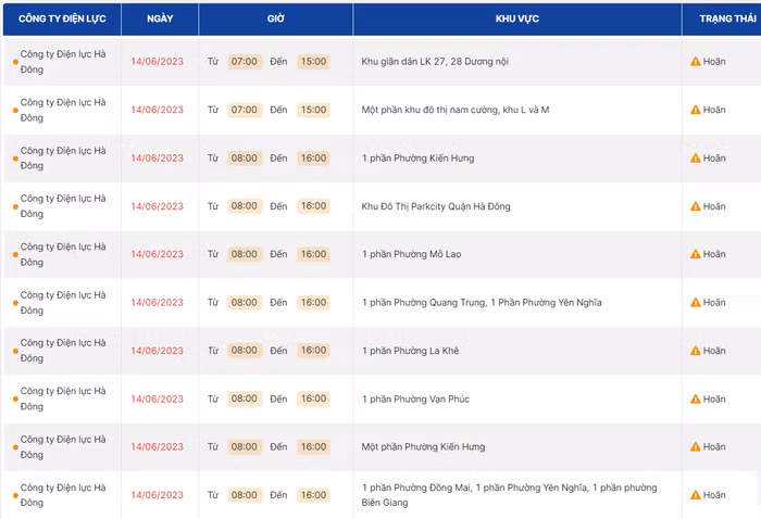 lịch cắt điện
