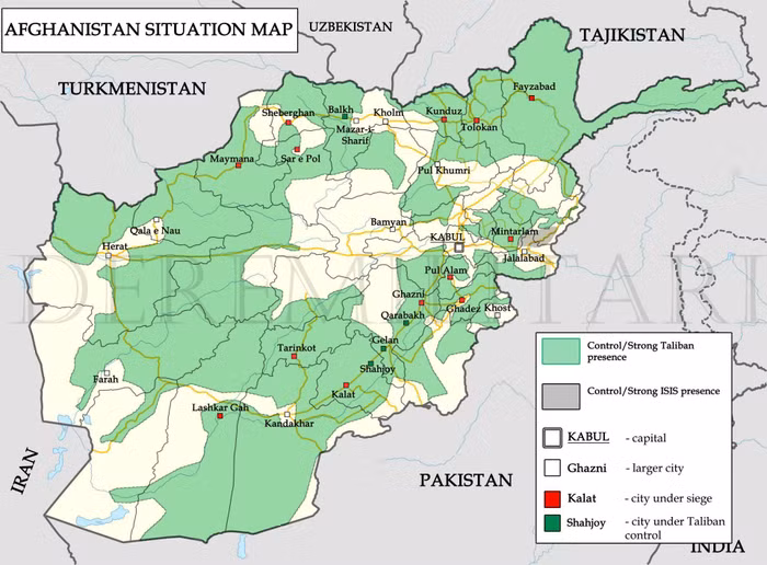 Tình hình chiến sự ở Afghanistan, màu xanh là khu vực do Taliban kiểm soát, chấm đỏ là các thành phố bị Taliban bao vây.