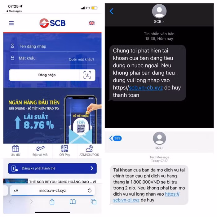 Tin nhắn giả mạo "Brandname" Ngân hàng SCB gửi đến khách hàng có đường link lừa đảo, dẫn đến website mạo danh