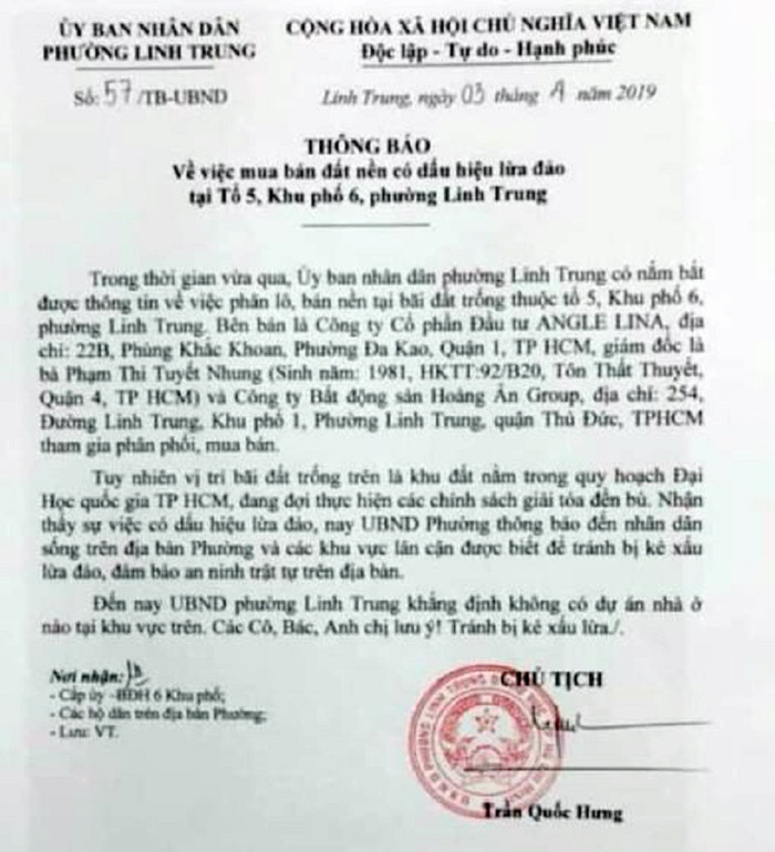 UBND phường thông báo cho người dân về hành vi lừa đảo của hai công ty này