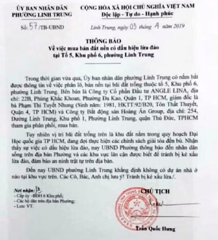 UBND phường thông báo cho người dân về hành vi lừa đảo của hai công ty này