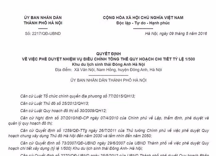 Quyết định số 2217/QĐ-UBND phê duyệt Nhiệm vụ điều chỉnh tổng thể quy hoạch chi tiết tỷ lệ 1/500 Khu du lịch sinh thái Đông Anh