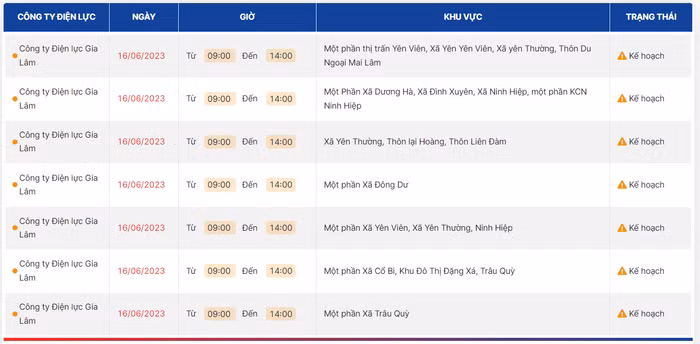 lịch cắt điện