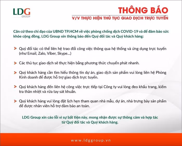 LDG Group đã triển khai quy trình và phương thức giao dịch không cần gặp gỡ trực tiếp mà có thể thông qua trực tuyến