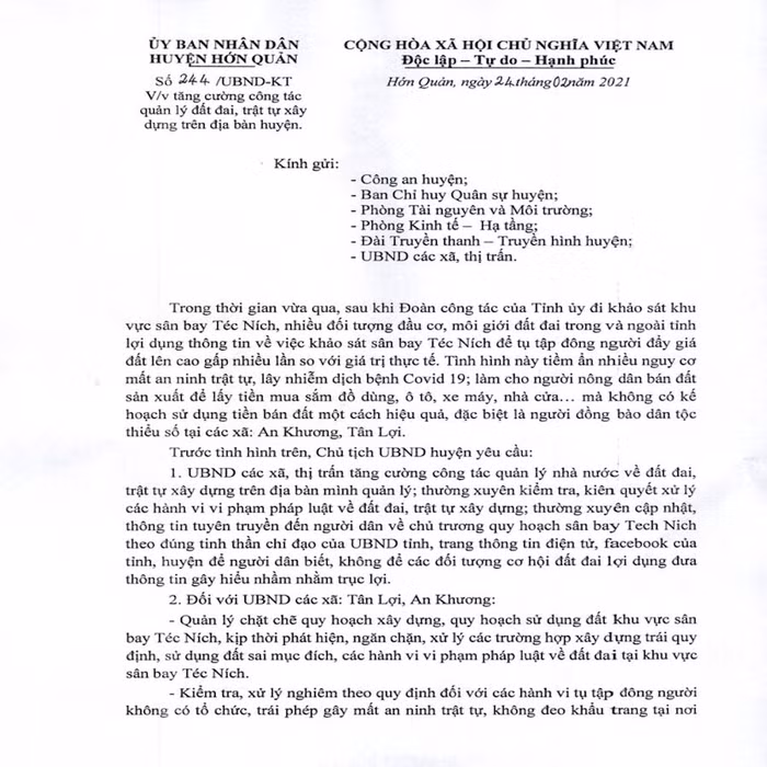 UBND huyện Hớn Quản, tỉnh Bình Phước cảnh báo người dân trước tình trạng sốt đất ăn theo sân bay Téc Ních