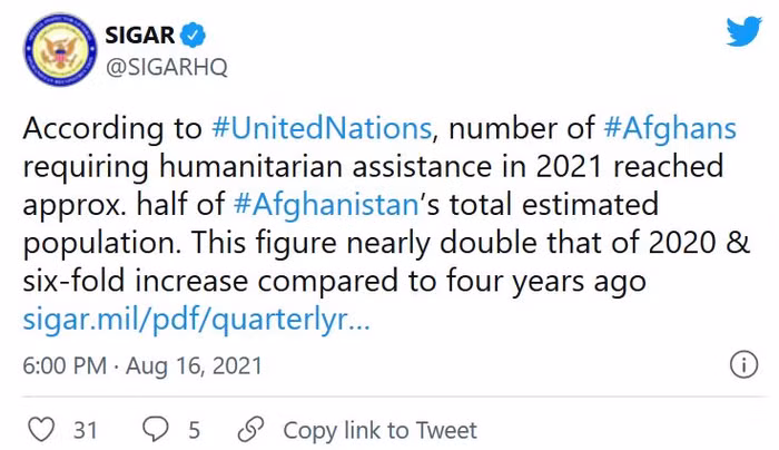 Tài khoản Twitter của Liên Hiệp Quốc về tái thiết Afghanistan thông báo về tình trạng hỗ trợ nhân đạo cho quốc gia này.