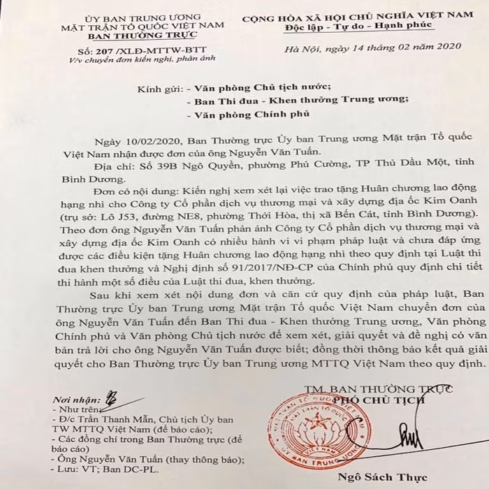 Văn bản của UBTƯMTTQ Việt Nam gửi Văn phòng Chủ tịch nước, Ban thu đua - Khen thưởng Trung ương và Văn phòng Chính phủ đề nghị xem xét việc trao tặng Huân chương lao động hạng nhì cho Công ty Kim Oanh
