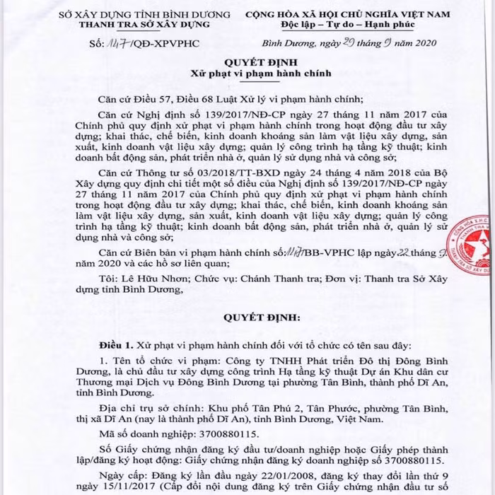 Quyết định xử phạt của Thanh tra Sở Xây dựng
