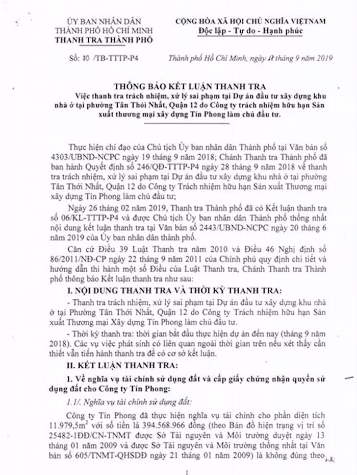 Kết luận thanh tra của Thanh tra TP.HCM