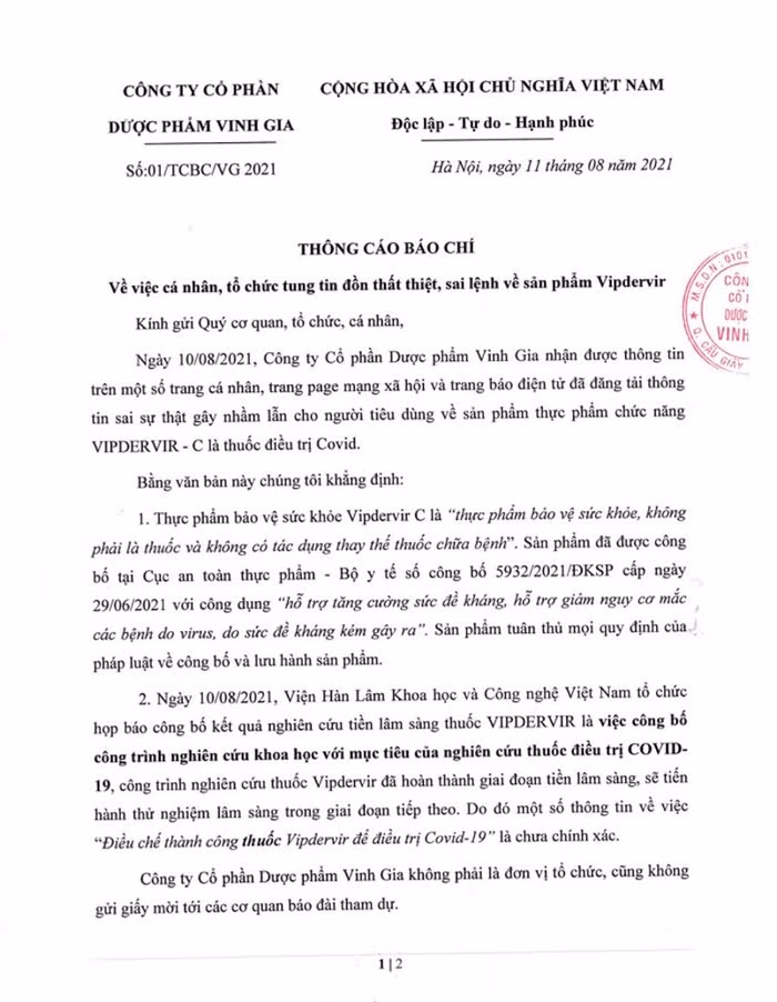 Thông cáo báo chí của Công ty Dược phẩm Vinh Gia