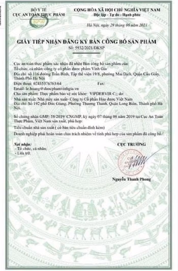 Công bố sản phẩm bảo vệ sức khỏe VIPDERVIR C