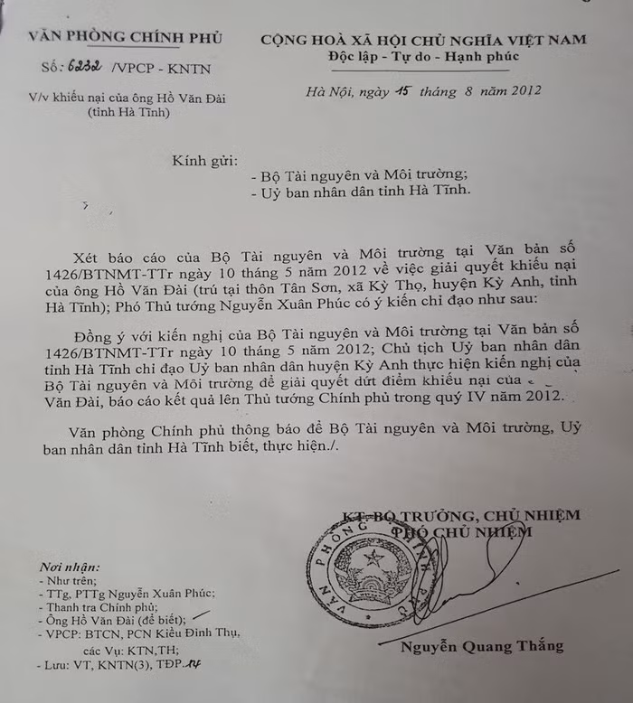 Chính phủ đã đồng ý kiến nghị bồi thường, hỗ trợ về đất cho hộ gia đình ông Đài của Bộ Tài nguyên và Môi trường và chỉ đạo thực hiện từ năm 2012 nhưng đến nay vụ việc vẫn chưa được giải quyết