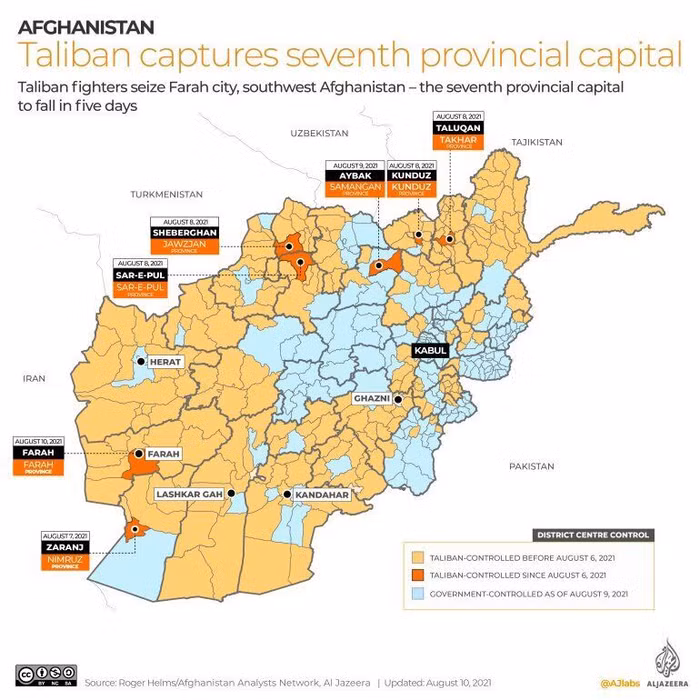 Các thành phố bị Taliban chiếm đóng kể từ ngày 6/8 - 11/8.