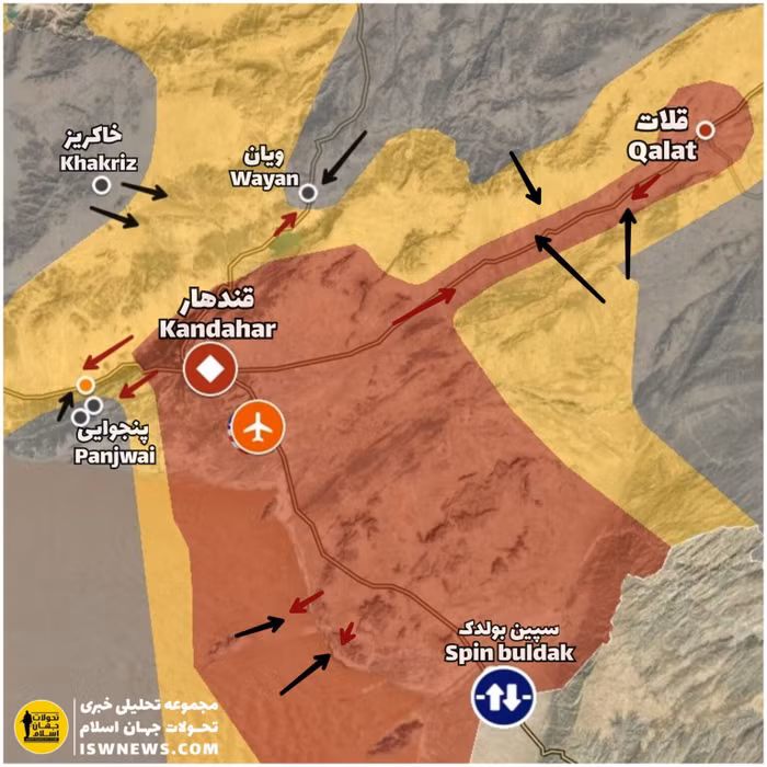 Bản đồ chiến sự quận Kandahar-Zabul. Màu xám - Taliban; Màu đỏ - quân đội Afghanistan; Màu vàng - đang tranh chấp.