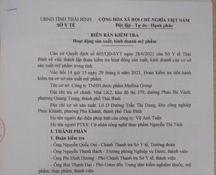 Biên bản kiểm tra Công ty TNHH được phẩm Mailisa Group