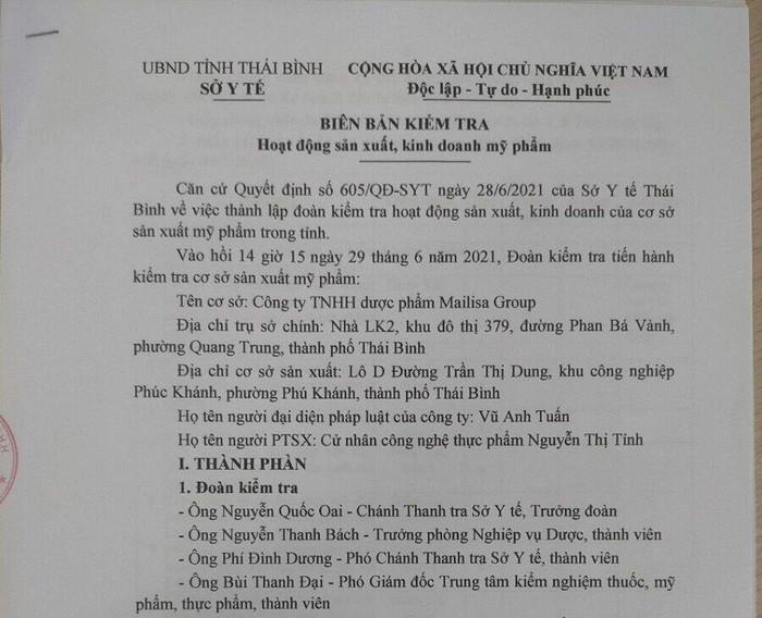 Biên bản kiểm tra Công ty TNHH được phẩm Mailisa Group Biên bản kiểm tra Công ty TNHH được phẩm Mailisa Group