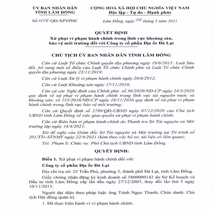Công ty CP Địa ốc Đà Lạt bị xử phạt 100 triệu đồng vì vi phạm trong lĩnh vực khoáng sản, bảo vệ môi trường