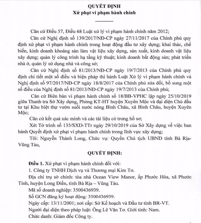 Quyết định xử phạt của UBND Bà Rịa - Vũng Tàu