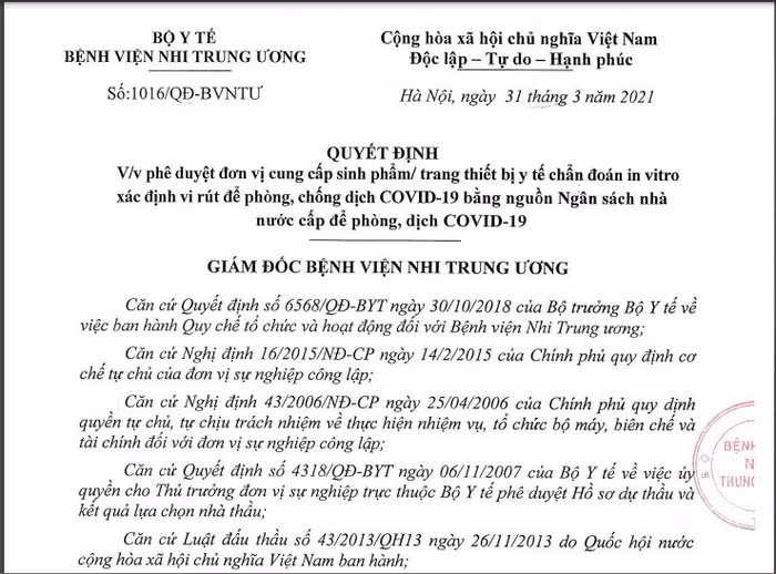 Quyết định phê duyệt mua sắm chi gần 32,8 tỷ đồng Test kit Việt Á của BV Nhi TW
