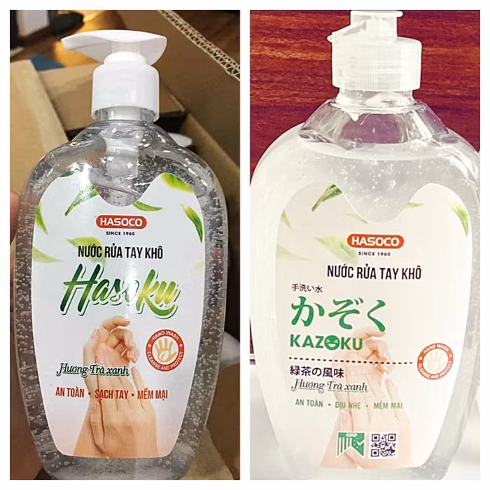 Hai nhãn sản phẩm nước rửa tay Hasoku và Kazoku cùng của Hasoco