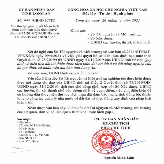 Phó Chủ tịch UBND tỉnh Long An chỉ đạo Giám đóc Sở Tài nguyên và Môi trường Long An nghiêm túc thực hiên Quyết định 75/2019/QĐ-UBND về vấn đề tách thửa trên địa bàn