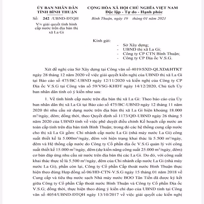 Chủ tịch UBND tỉnh Bình Thuận chỉ đạo UBND TX.La Gi xử lý dứt điểm nhà máy nước xây dựng không phép của Công ty CP Đầu tư nước Bình An