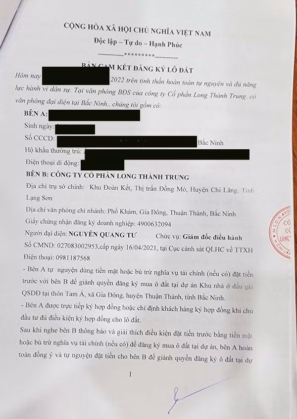 Bản cam kết đăng ký ô đất của Công ty Long Thành Trung