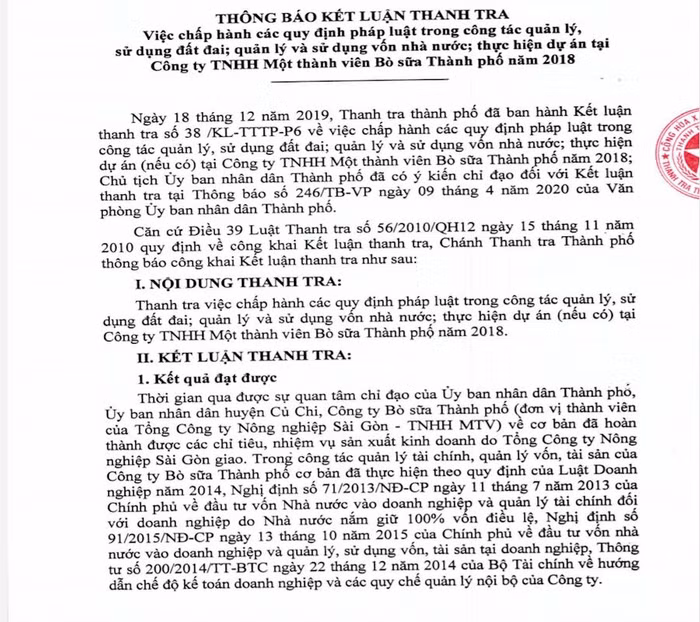 Kết luận của Thanh tra TP.HCM chỉ ra nhiều sai phạm tại Công ty TNHH MTV Bò sữa Thành phố