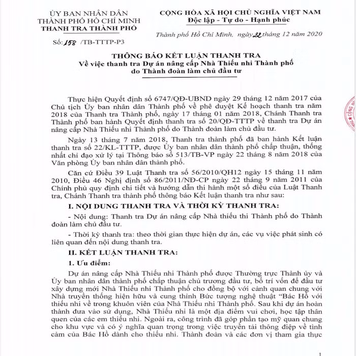 kết luận của Thanh tra TP.HCM đã chỉ ra nhiều sai phạm của Thành đoàn thành phố