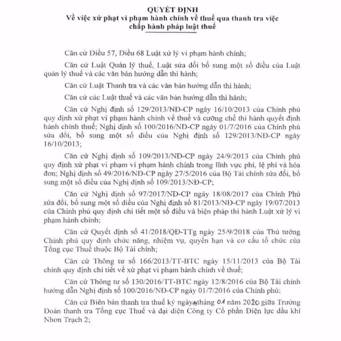 Quyết định xử phạt vi phạm về thuế đối với Công ty CP Điện lực Dầu khí Nhơn Trạch 2
