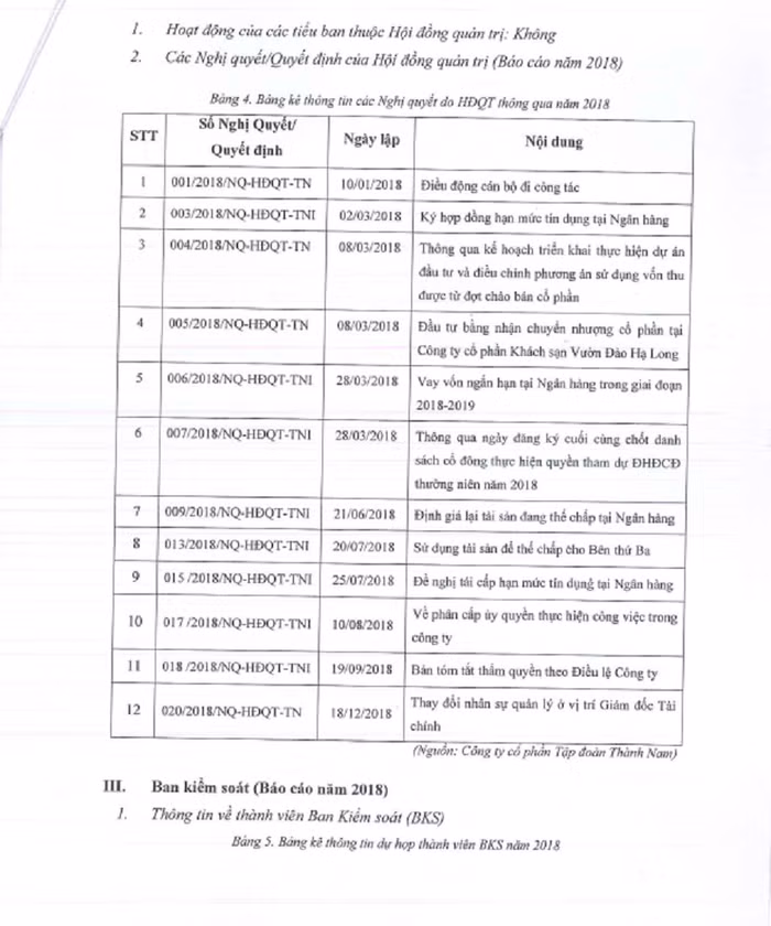 2 Nghị quyết quan trọng ngày 03/12/2018 của HĐQT Côn ty CP Tập đoàn Thành Nam không được thể hiện trong hoạt động của Công ty năm 2018