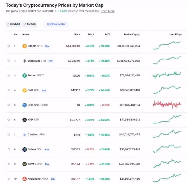 Nhóm 10 đồng tiền hàng đầu theo giá trị thị trường ngày 10/2/2022