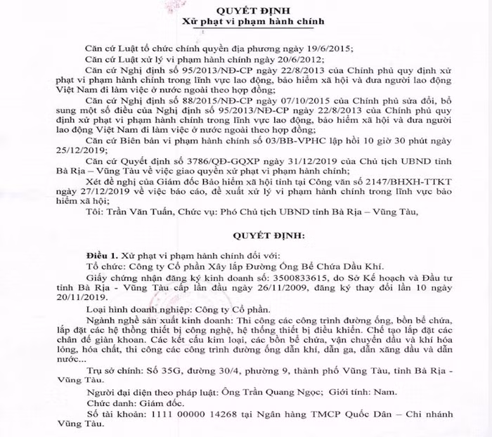 Quyết định xử phạt Công ty CP Xây lắp Đường ống Bể chứa Dầu khí của UBND Bà Rịa - Vũng Tàu