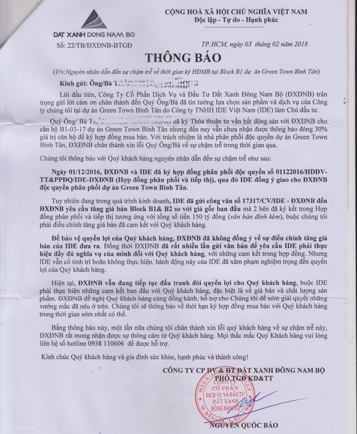Thông báo của Đất Xanh Nam Bộ, hứa hẹn thời gian ký hợp đồng "sớm nhất" nhưng đến nay vẫn dậm chân tại chỗ