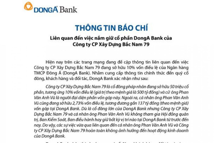 Thông báo của Ngân hàng Đông Á liên quan đến việc nắm cổ phần của Công ty CP Xây dựng Bắc Nam 79 tại Đông Á Bank